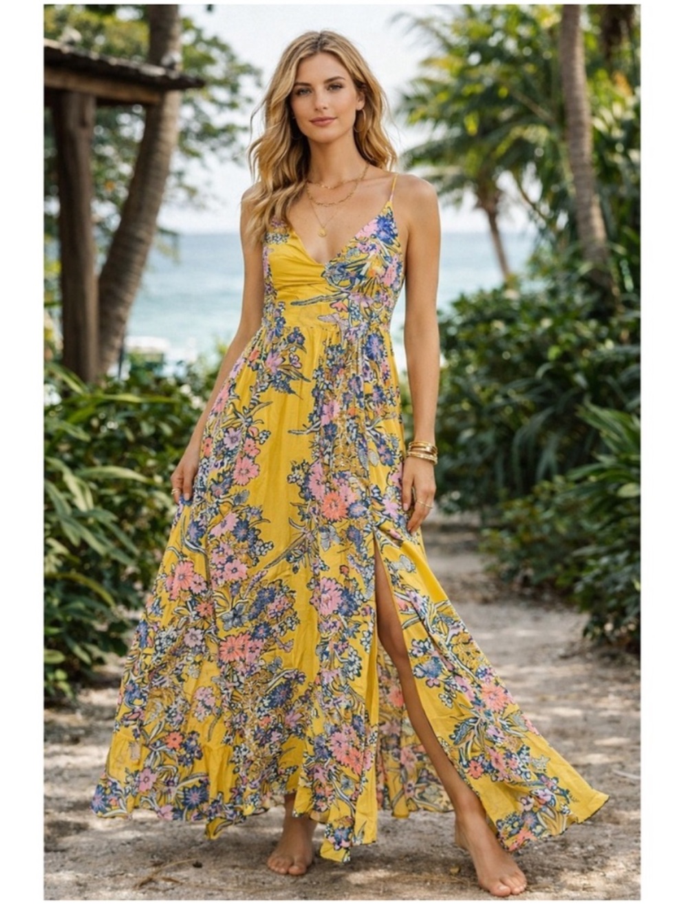 Free People Yellow Floral Print Smocked Maxi Dress Boho Festival